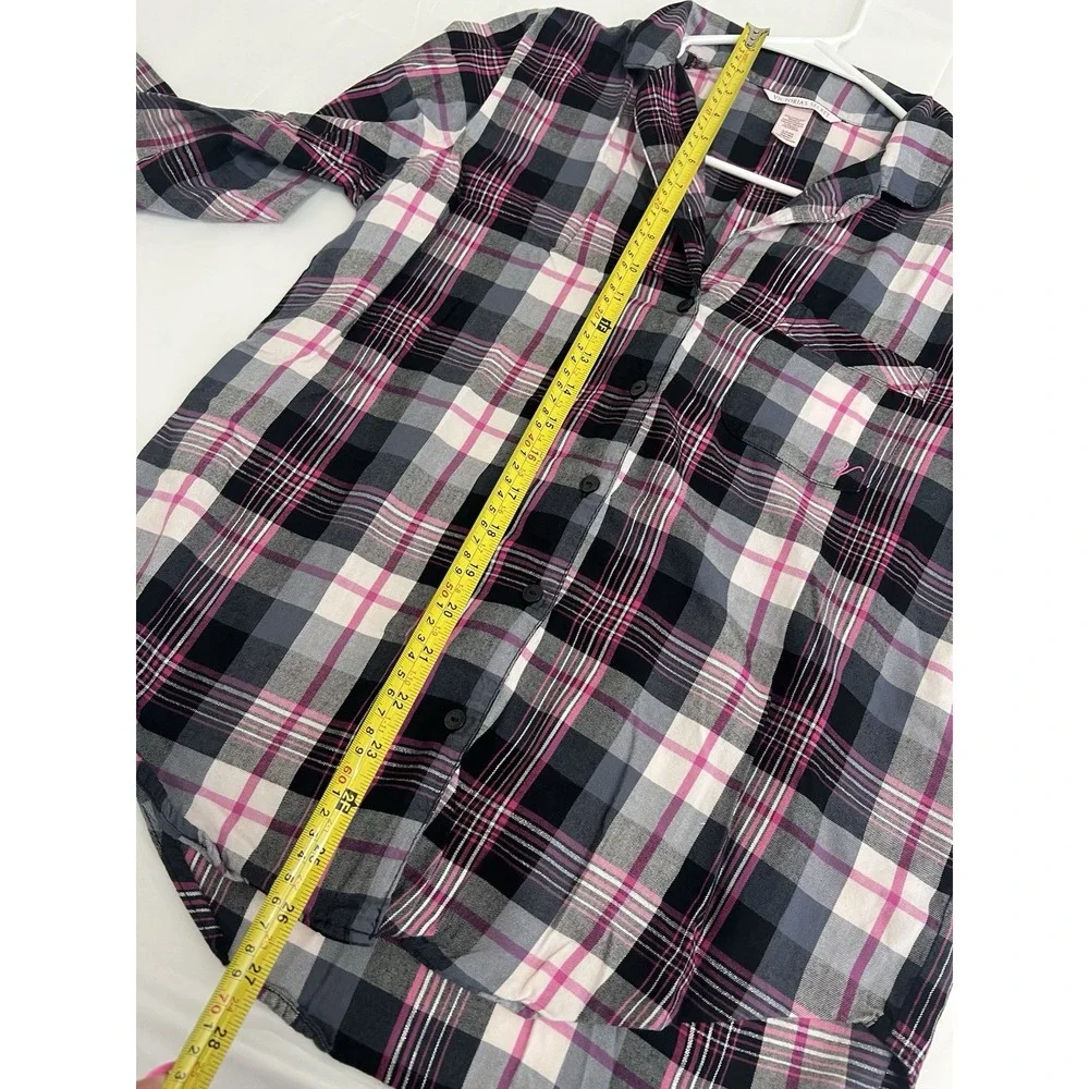 Victorias Secret 2PC Flannel Plaid Long Sleeve ButtonUp Shirt Pants Pink Black S